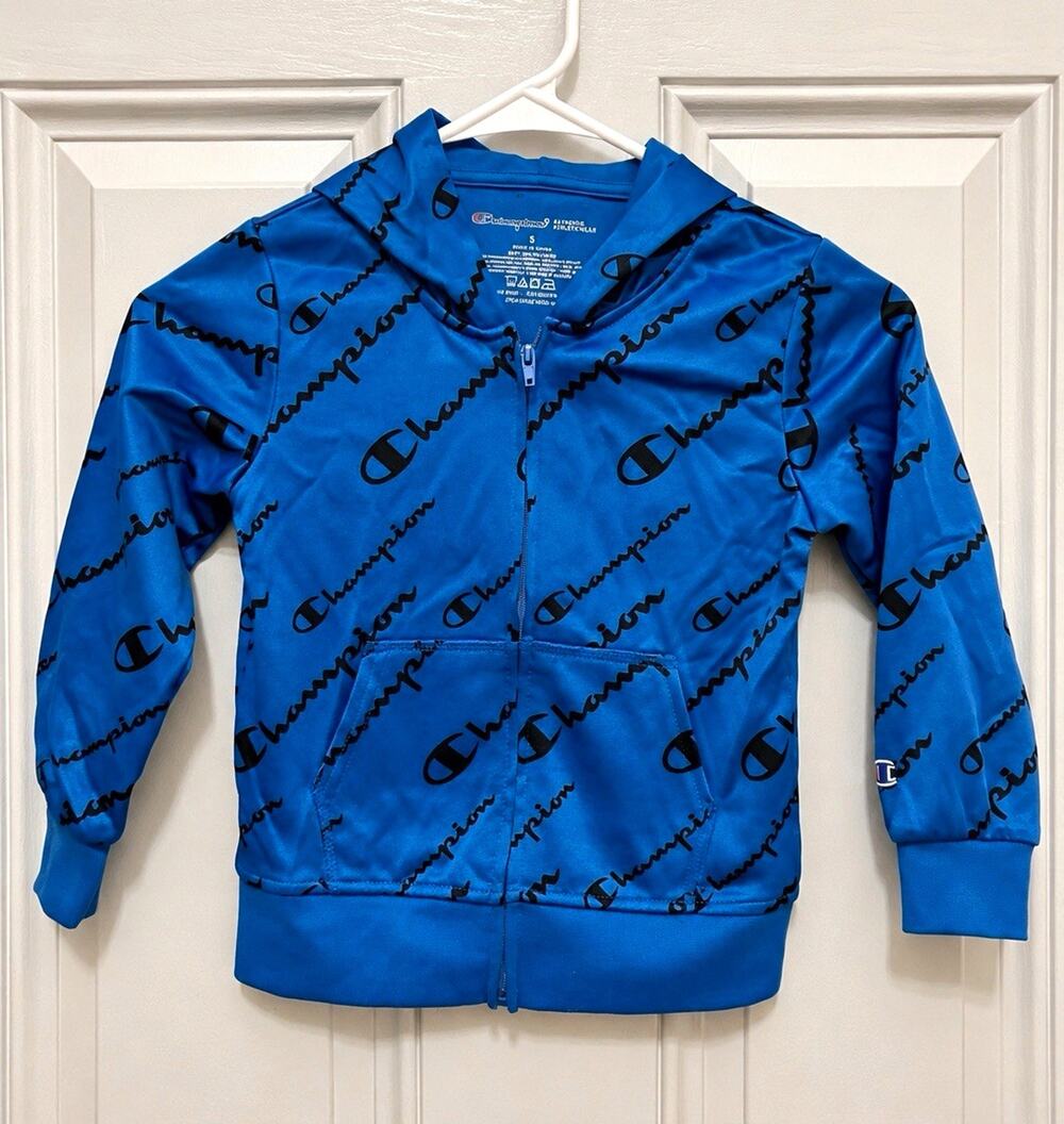 Champion Boys Size 5 Blue/Black Full Zip Hooded Fleece Hoodie Pockets Logo